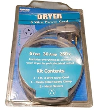 Smart Choice 6ft 30 AMP 3 Wire Dryer Power Cord with Eyelet Terminals New 