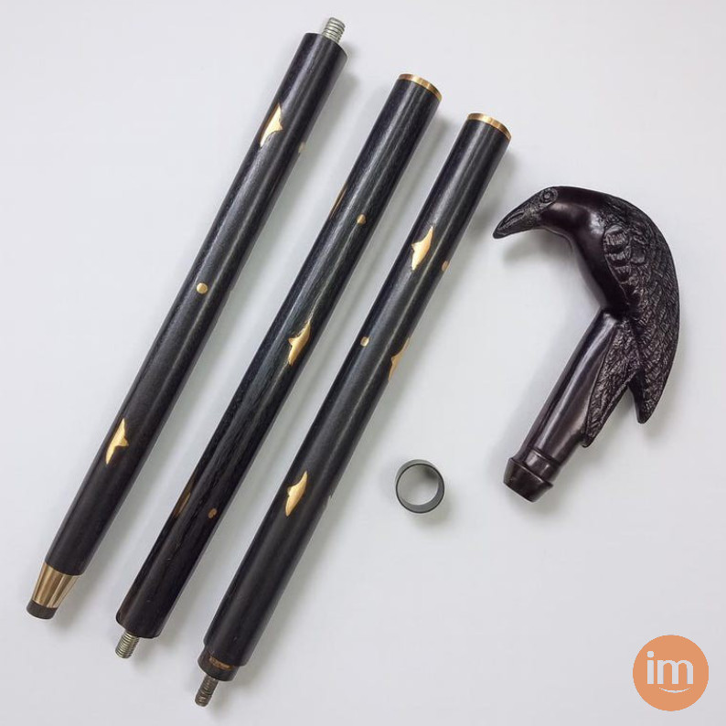 A crow-head walking cane that straddles the line between Victorian occult prop and genuine gentleman's accessory — impossibly cool as a desk piece or actual carry.