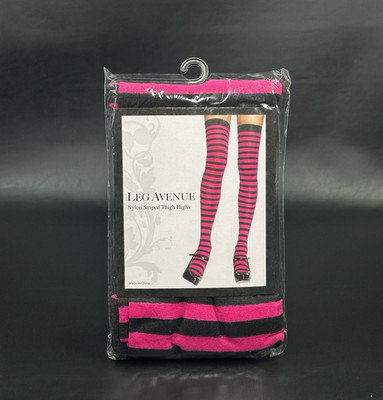 Striped Black Fuschia Thigh High Stockings One Size Halloween Costume Rave