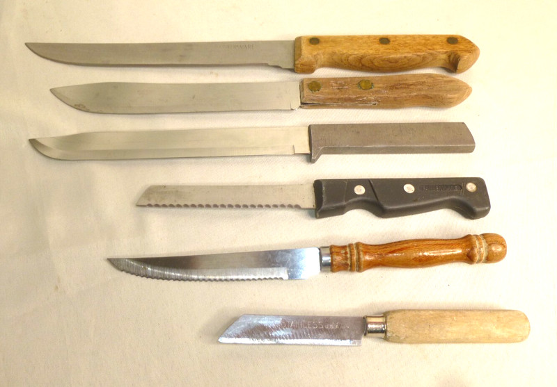 Lot of 6 Kitchen Knives Farberware & Unbranded Wood Stainless Brown Black