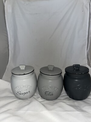 Tea Coffee Sugar Kilner Pushtop Jars Canisters Grey, dark