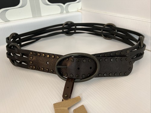 Studded Rings Leather Braided Belt XL Brown Woven 2” Grunge Western Nine West