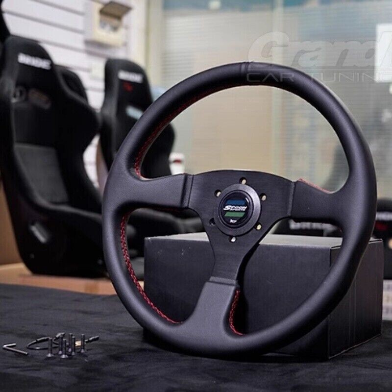 14 Inch JDM Spoon Style Deep Dish Racing Steering Wheel - Black Leather, Aluminum