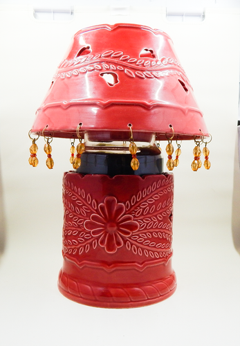 Blue Sky 2002 Large Candle Jar Ceramic Red Lamp Shade Base Fuchsia Bead Dangle - Picture 3 of 12