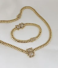 14K Gold Plated Cz Bear Cuban Choker Chain Necklace And Bracelet Set 