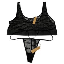 SKIMS After Hours Scoop Bralette  Micro Thong Onyx 2X Flocked Logo Mesh Set