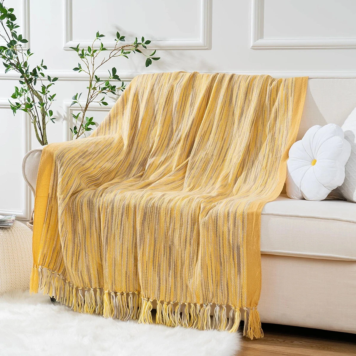 BATTILO HOME Yellow Throw Blanket for Couch Fall Decorative Gold
