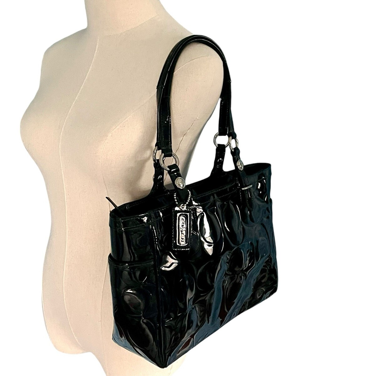 Coach Signature Embossed Black Patent Leather Tote Shoulder Bag