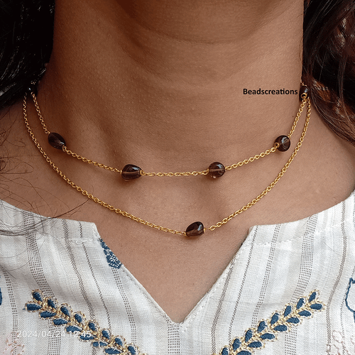 AAA Duble Strand Smokey Quartz Oval Beads 14k Gold Fill Chain Necklace Gifed - Picture 1 of 5