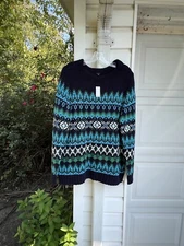 NWT Talbots Gorgeous Navy Blues Greens White Chevron Long Sleeve Sweater 1X