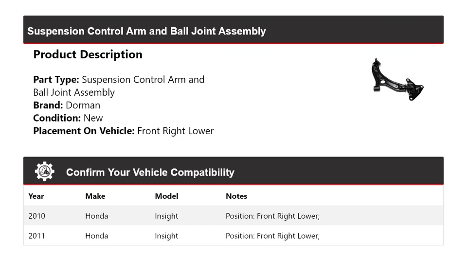For 2010-2011 Honda Insight Dorman Control Arm Ball Joint Assembly - Image 2 of 4