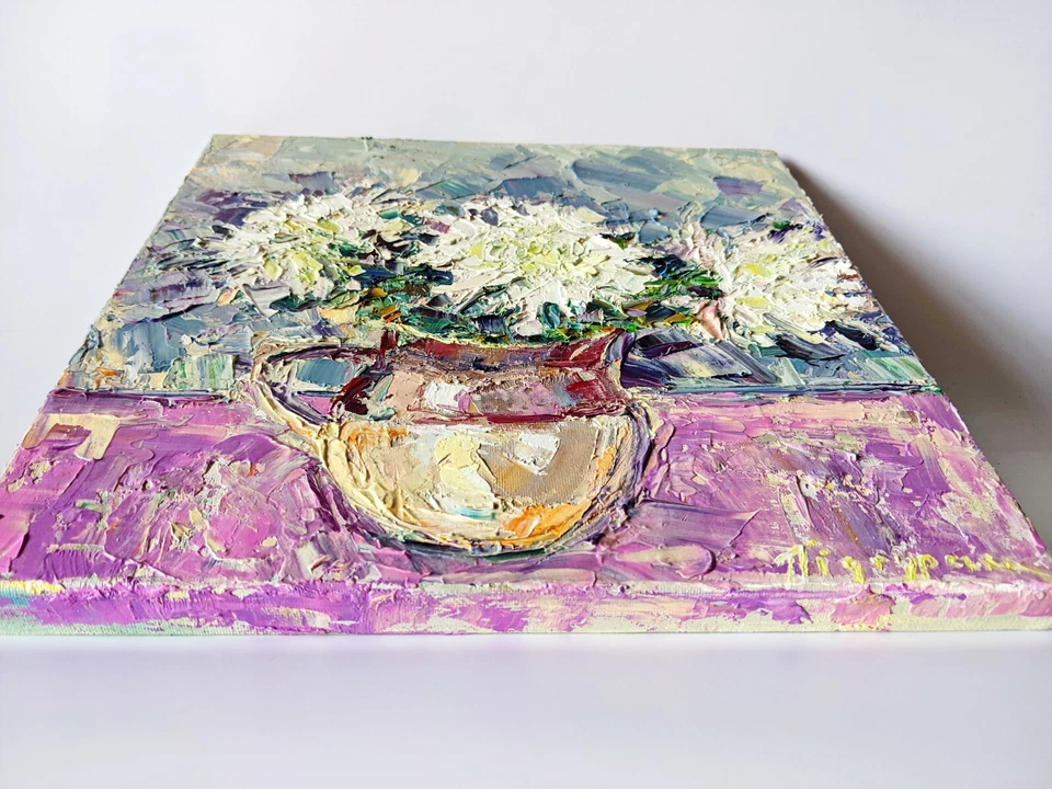 Оригинальная картина маслом цветочный настенное искусство белый георгин цветы ваза текстурированное произведение искусства - Изображение 4 из 4