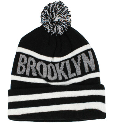 [新品]BoTTxNewEvra Pon Pon Basic Cuff Knit Brooklyn NY City Collection Knit Black & White Pom Beanie