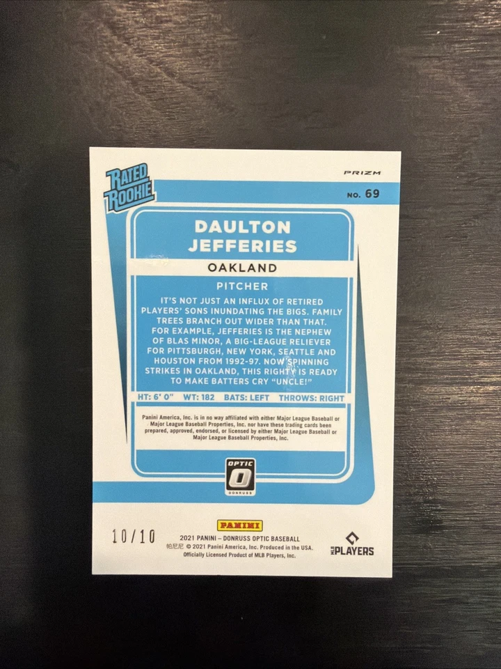 2021 Donruss Optic Daulton Jefferies Gold Prizm RC 10/10 A’s - Image 2 of 2