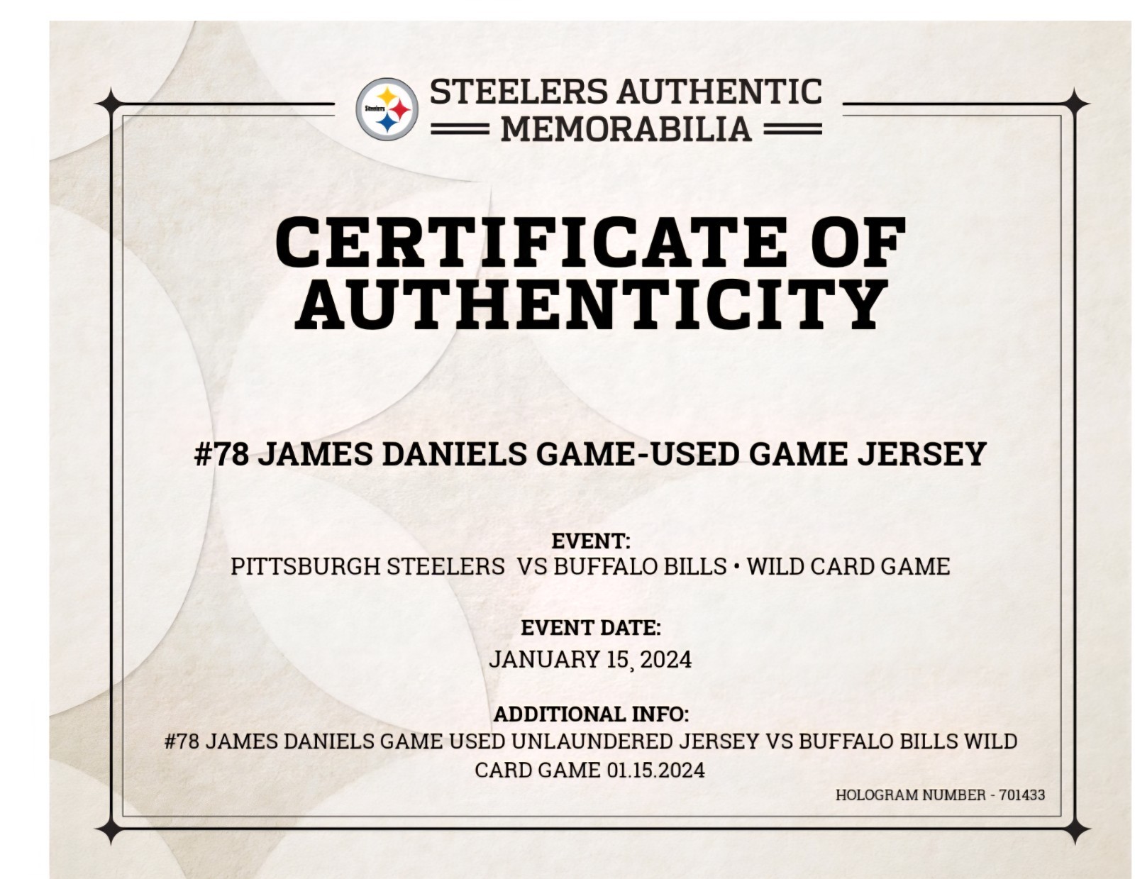 James Daniels Wild Card Game Used Jersey Steelers Authentication view 4