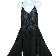 Vintage Black Sheer Floral Slip Nightgown Sweeping Panels Womens Medium