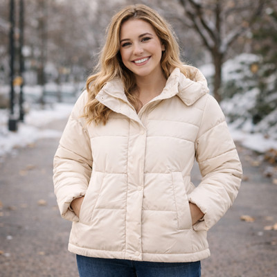 GoGG Puffer Jacket  Woman s  L  with snap Hood  Zip Bottom Drawstring Cozy Warm
