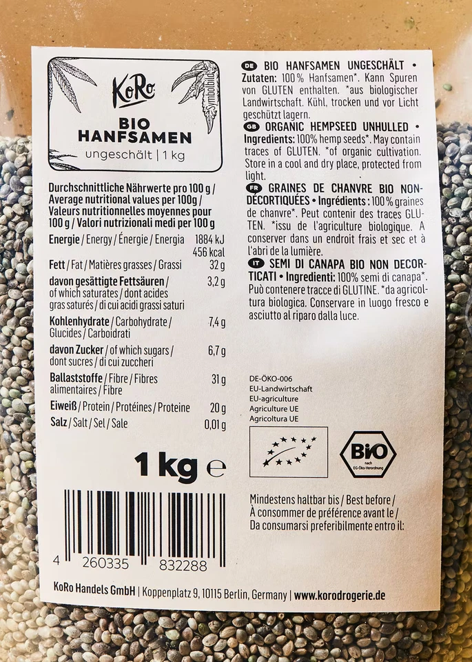 KoRo | Ungeschälte Bio Hanfsamen 1 kg - Bild 4 von 4