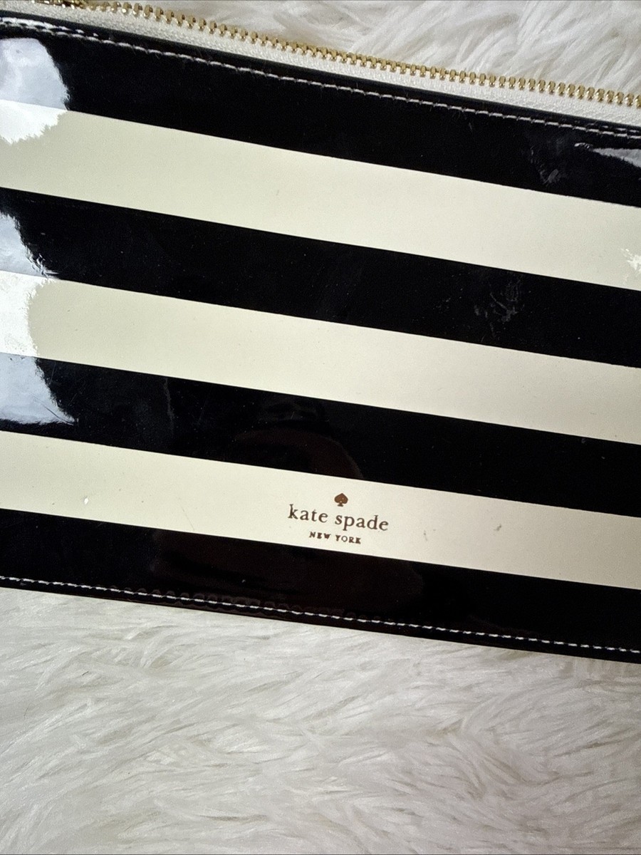 Kate Spade NY Black White Stripe Pencil Pouch Cosmetic Bag Pink