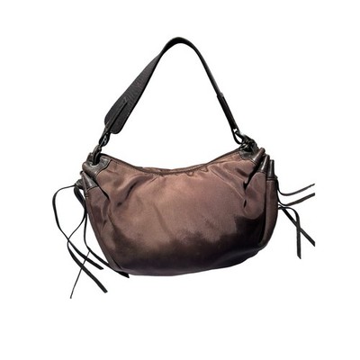 Lancel Paris Hobo Bag Brown Nylon Leather Trim Tassel Shoulder Bag French Luxury