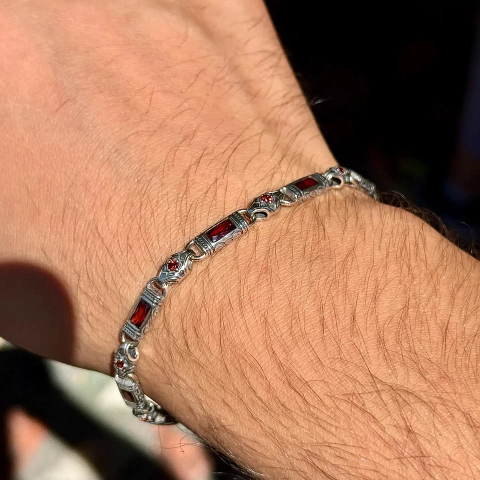 925 Sterling Silver Ruby Hand-Engraved Bracelet, Byzantine Chain Link Bracelet - Image 3 of 4