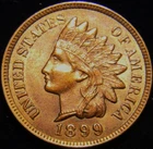 1899 RB INDIAN HEAD CENT PENNY, GRADE IS AU/BU SLIDER, LOTS OF MINT LUSTER