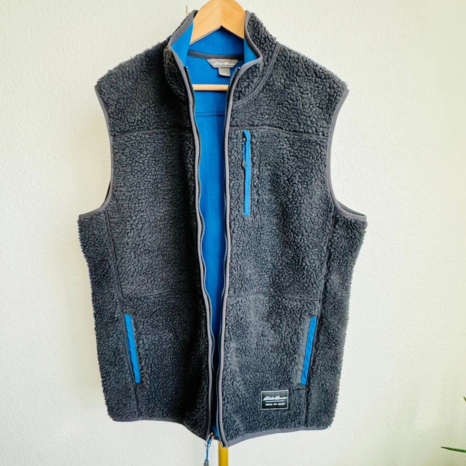 Men's Gray Sherpa Fleece Vest Chilali Full Zip L Outdoor Hiking Layering