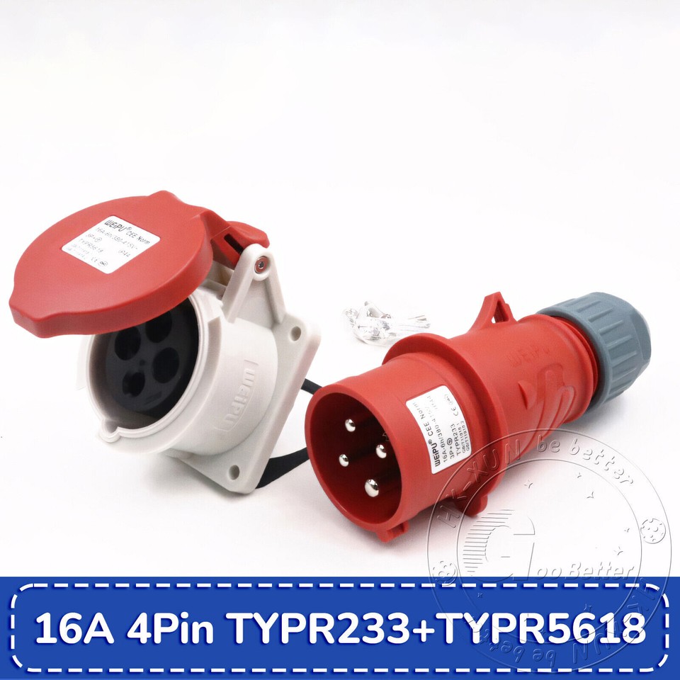 16A 32A 4 PIN RED INDUSTRIAL PLUGS & SOCKETS 3 PHASE 3P+N+E IP44 MALE ...