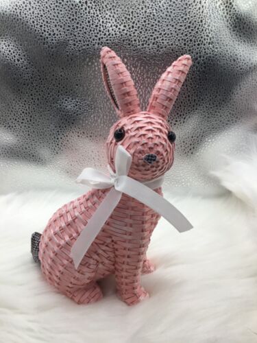 NEW PINK Easter Bunny with Bow Decor Rattan Effect Resin Statue Table Decor 8” - Picture 2 of 5
