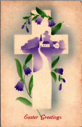 POSTKARTE - OSTERGRÜSSE / KREUZ / LILA BLUMEN / LILA KIRCHE - Bild 1 von 2