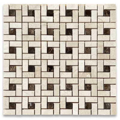 M684XP Crema Marfil Marble Pinwheel Mosaic Tile Emperador Dots Polish