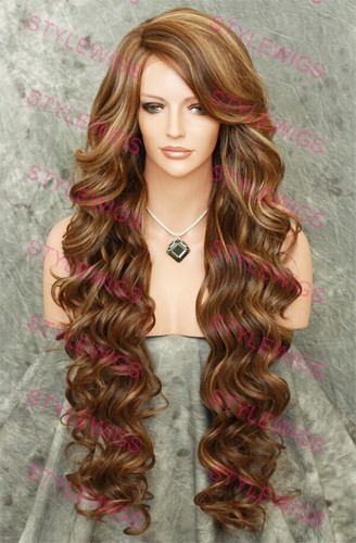 Light Brown/Blonde Extra Long Loose Curly Lace Front Human Hair Blend Wig EVEZ
