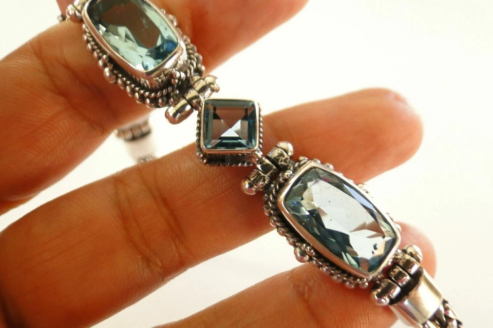 蓝色黄玉装饰巴厘岛纯银护目镜手链 — 第 4/4 张图片