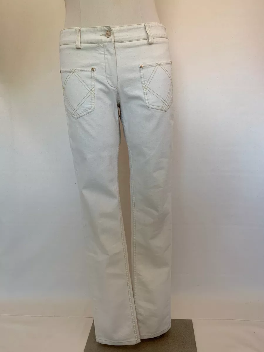 CHANEL Off White Denim Straight Legs Jeans Pants Four Quilted Pockets.  Waist 31