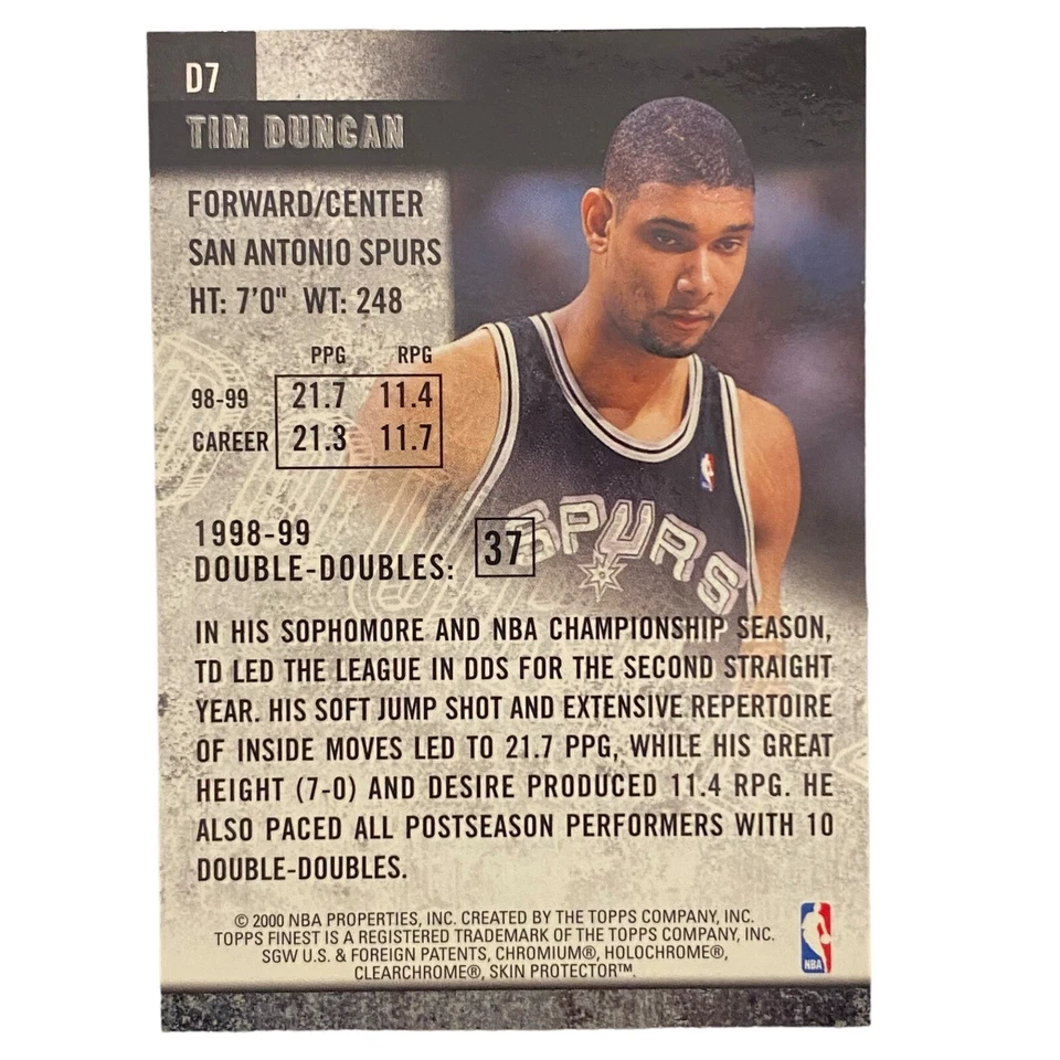 1999-00 Finest Double Double #D7 Tim Duncan w/ Film SAN ANTONIO SPURS -- NM - Image 2 of 3