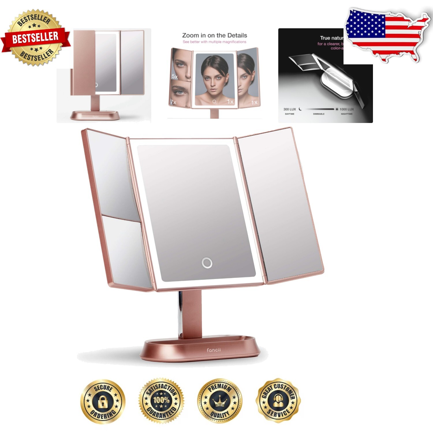 Portable Touch Sensor Makeup Mirror with Adjustable Dimming and Viewing Angles-image