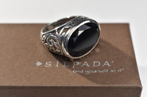 Anello SILPADA R2045 argento sterling calcedonio fumè vortice filigrana taglia 7 onice WOW - Foto 7 di 12
