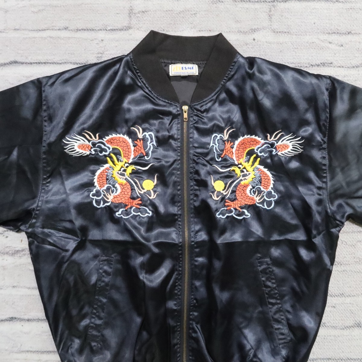 Vintage New 80s Satin Dragon Souvenir Bomber Jacket Mens Size M