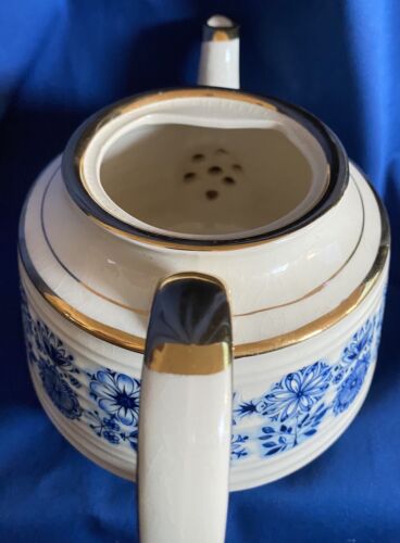 Teiera vintage Sadler bordo oro forma cilindrica blu floreale made in England - Foto 9 di 11