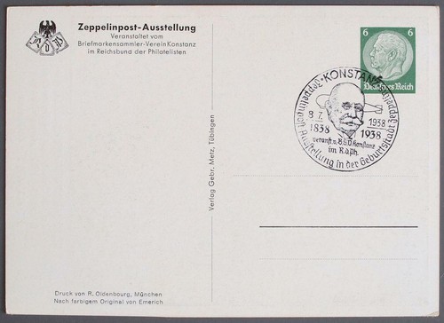 GERMANY 1938 Graf ZEPPELIN Memo EXPO Picture Card/PPC + special KONSTANZ Pmk - Picture 2 of 2