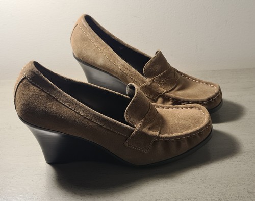 SANDLER 90s Suede Shoes Taupe Aus 6.5 Wedge Mid Heel - Picture 4 of 13