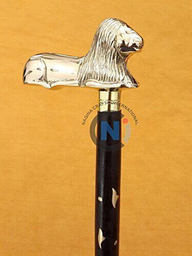 Antique Solid Brass Lion Head Handle Vintage Designer Wooden Walking Stick Cane - Picture 1 of 5