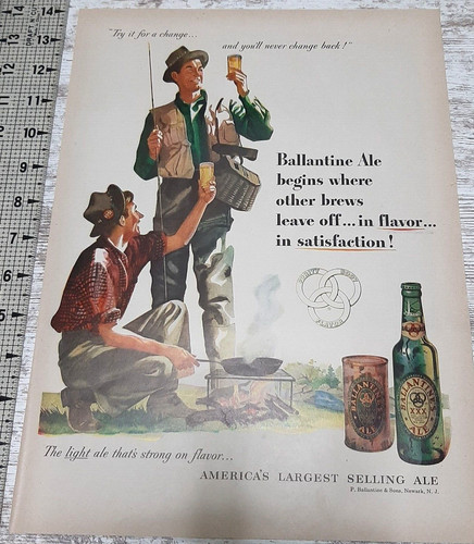 1951 Ballantine Ale Vintage Print Ad Beer Bottle Can Fisherman Campfire Cooking
