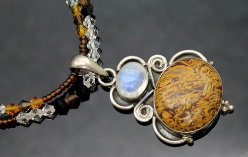 ¡ÚNICO EN SU CLASE!! COLLAR DE PLATA 925 CON CUENTAS MULTICOLORES PIEDRA LUNAR GENUINA 18"" - Imagen 3 de 5