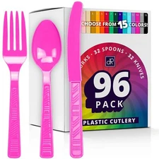 Plastic Cutlery Set Fuschia Pink Plastic Silverware Sets for Parties 96 Piece...