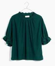 New Madewell Clip Dot Ruffle Top Size Small Smoky Spruce Green