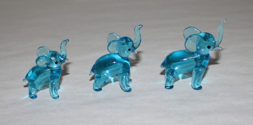 Hand Blown Blue Glass Miniature Elephant Figurines Set of 3