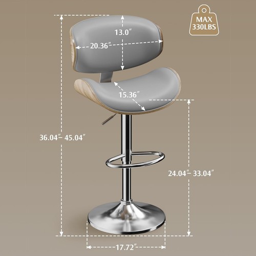 1 pieza Taburete de bar Silla de mostrador de madera curvada ajustable Giratorio Imitación Cuero Gris - Imagen 2 de 7