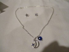 AVON Starry Moon 16"L Necklace  1/4"Earrings Set Ages 6  Up Blue Rhinestones