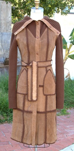 Gabardina de mujer vintage larga marrón gamuza y ganchillo cuello tortuga M - Imagen 3 de 15